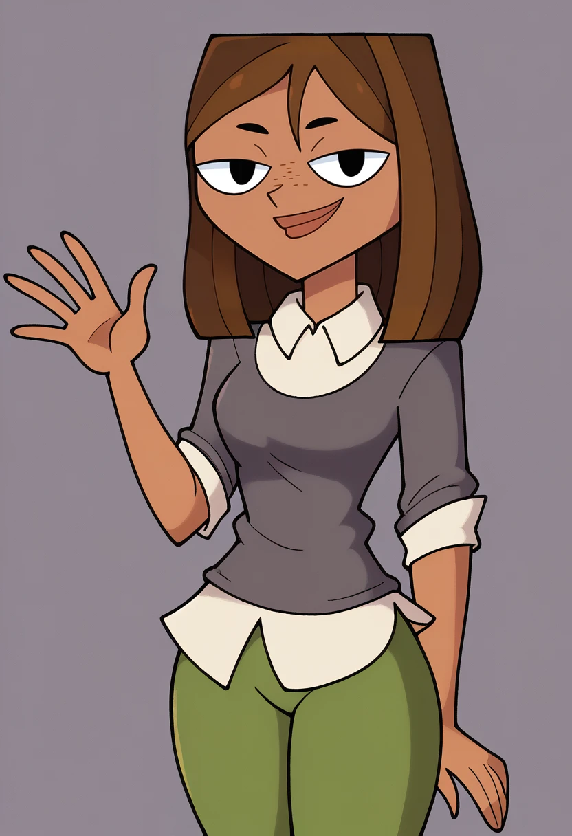 score_9, BREAK <lora:stealthbrock-guy-PONYv1:1>, 1girl, solo, <lora:courtneytd-guy-PONYv1:0.95> courtneytd, dark skin, freckles, grey shirt, collard shirt, sweater, sleeves rolled up, green pants, looking at viewer,