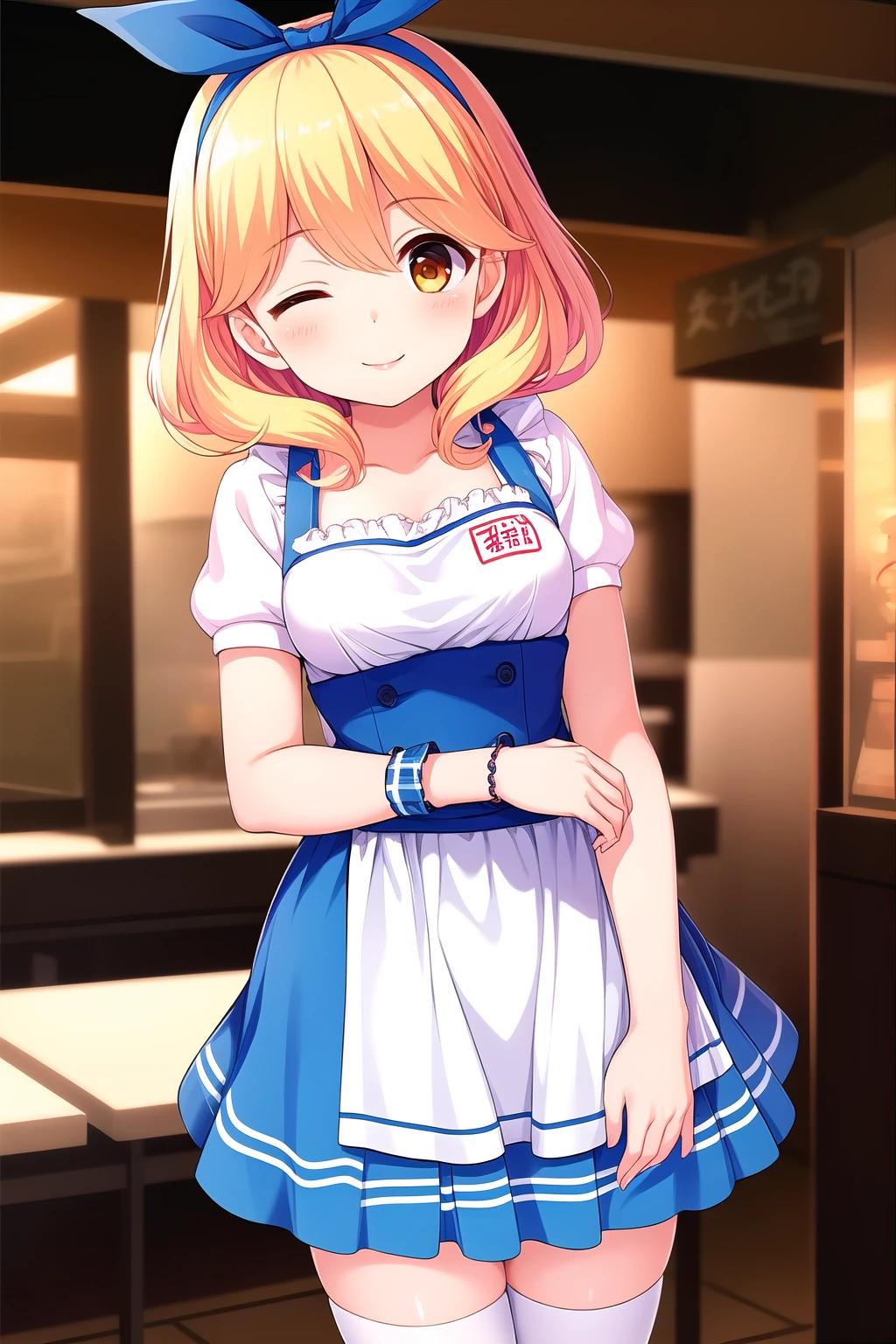 (masterpiece, best quality), highly detailed background, perfect lightingbest quality, ukihashiasuka, solo, indoors, waitress, summer festival, blonde hair, hair ribbon, blue ribbon, blue hairband, hair between eyes, medium hair, one eye closed, orange eyes, medium breasts, blue dress, striped dress, white shirt, puffy short sleeves, wrist cuffs, white apron, waist apron, frilled apron, blue skirt, frilled skirt, blue thighhighs, smile, closed mouth, ;), pink lips, <lora:Ukihashi-Asuka:0.7>