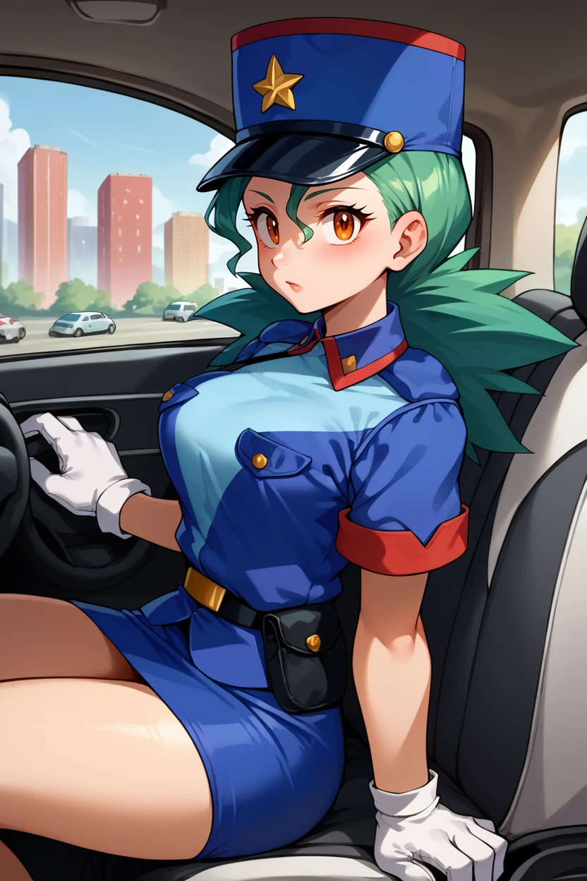 score_9, score_8_up, score_7_up, score_6_up, source_anime, BREAK 1girl <lora:pkmnjenny-pdxl-nvwls-v1-000005:1> pkmnJenny, green hair, blue hat, police uniform, blue shirt, short sleeves, belt, pencil skirt, white gloves, sitting, car seat, car, from side, open car door, looking at you, city