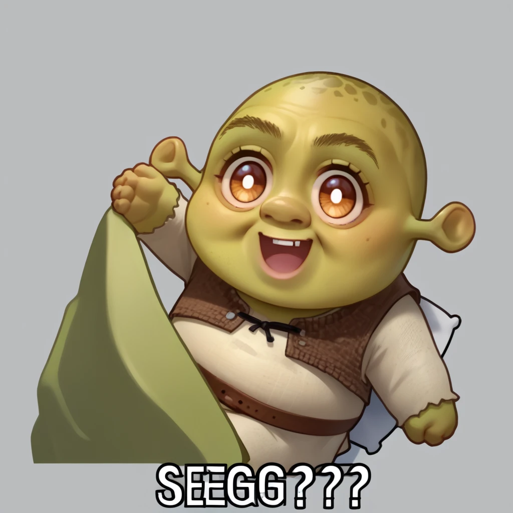 score_9, score_8_up, score_7_up, source_anime, Seggs, chibi, open mouth, smile, english text, <lora:Seggs_XLPD:1.1>, <lora:Shrek_XLPD:1> shrek, green skin