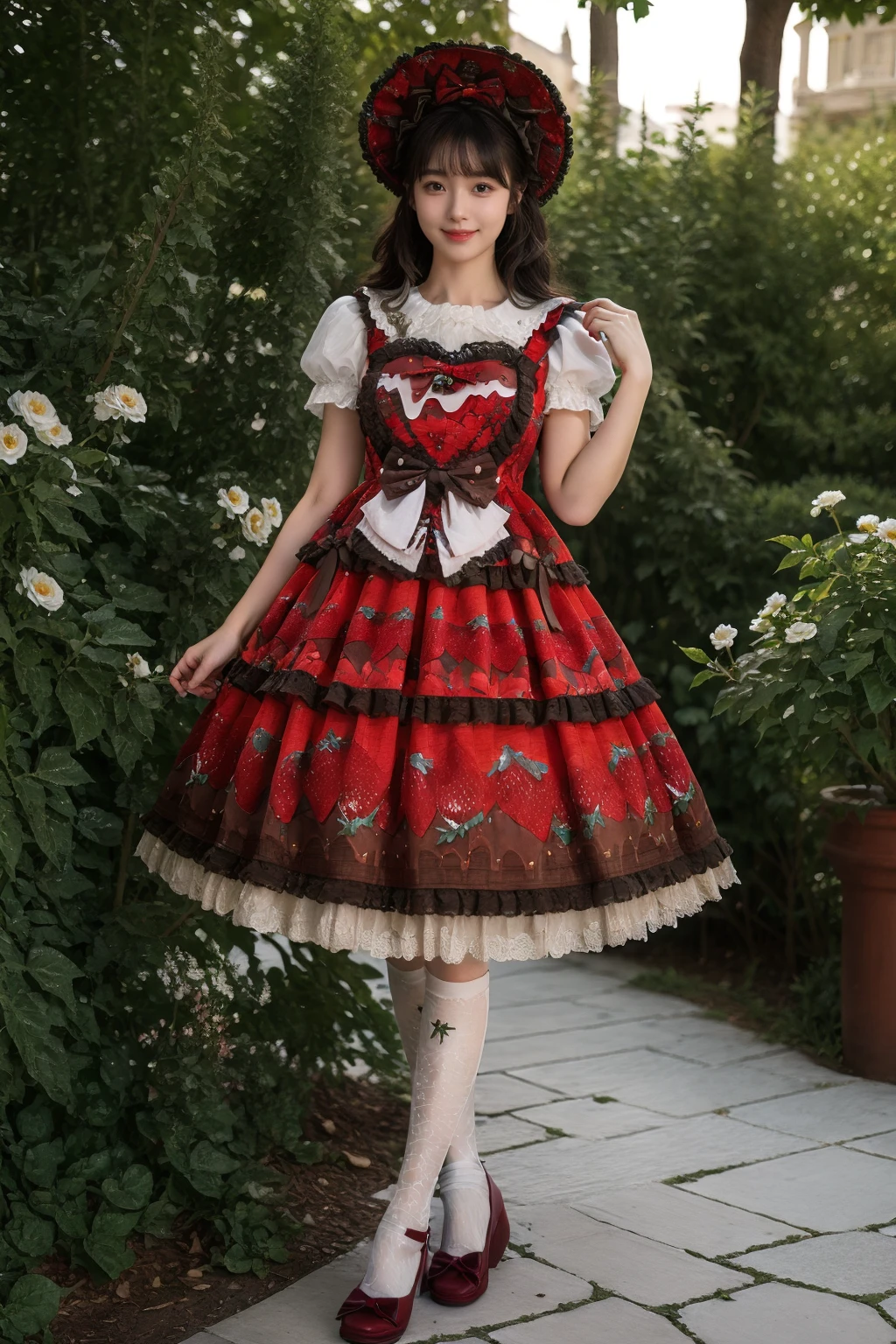 best quality, masterpiece, realistic, photorealistic, 1girl, solo, looking at viewer, smile, long hair, black hair, straight hair, standing, full body, cyb dress, layered dress, print dress, long dress, frilled dress, strawberry print, dress bow, bow, white shirt, short sleeves, kneehighs, red high heels, hair bow, hat, garden, flower, tree, water, detailed background, <lora:lo_dress_vol3_style3_v1:0.75>, <lora:Background_Detail_v3:1.5>
