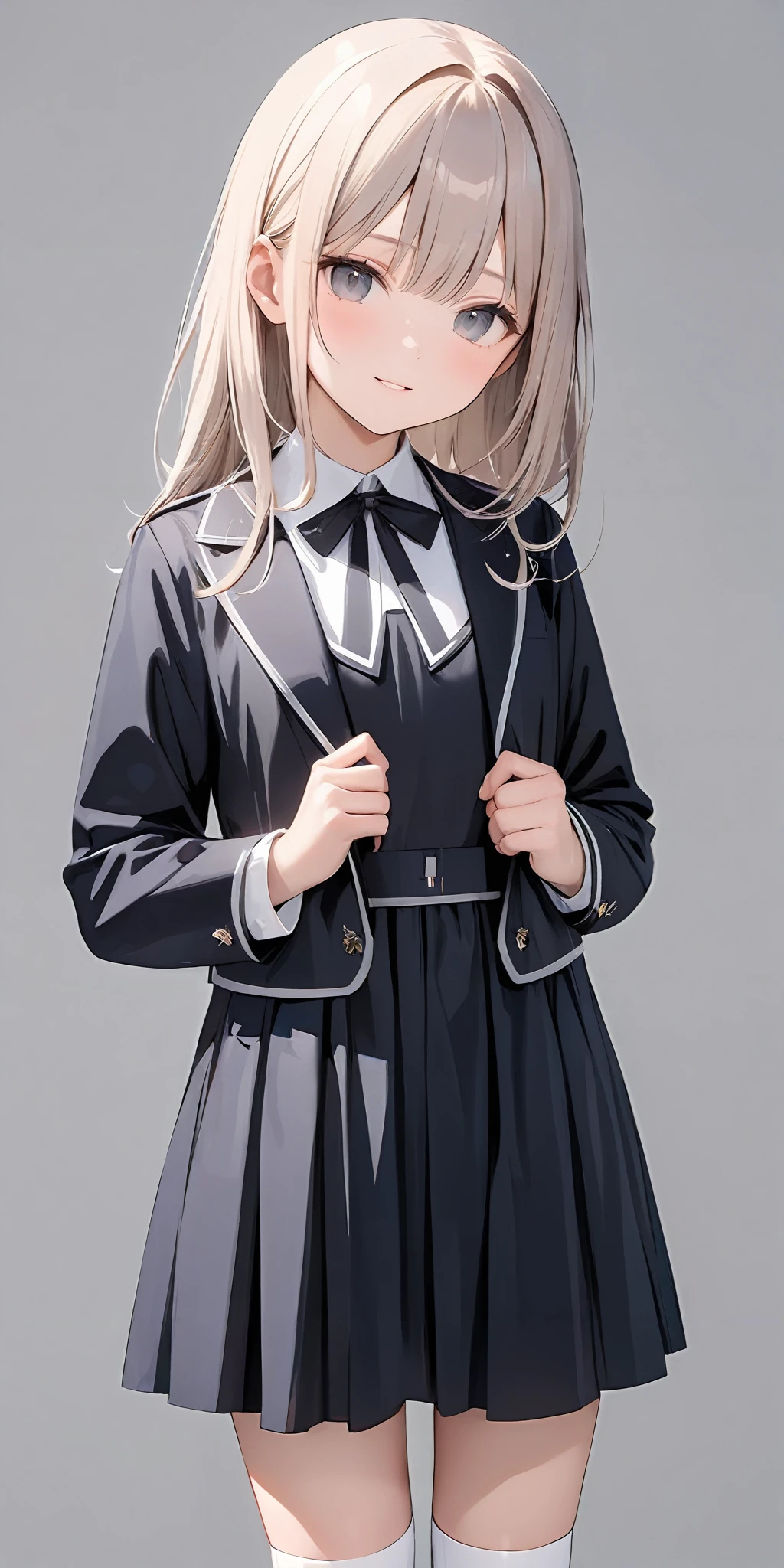 masterpiece,ultra-detailed,best quality,8K,illustration,cute face,clean skin ,shiny hair,girl,simple background
<lora:add-detail-xl:1> <lora:jyoji formal_XL_V1.0:0.5> jyojifuku, dress, long sleeves, jacket, kneehighs