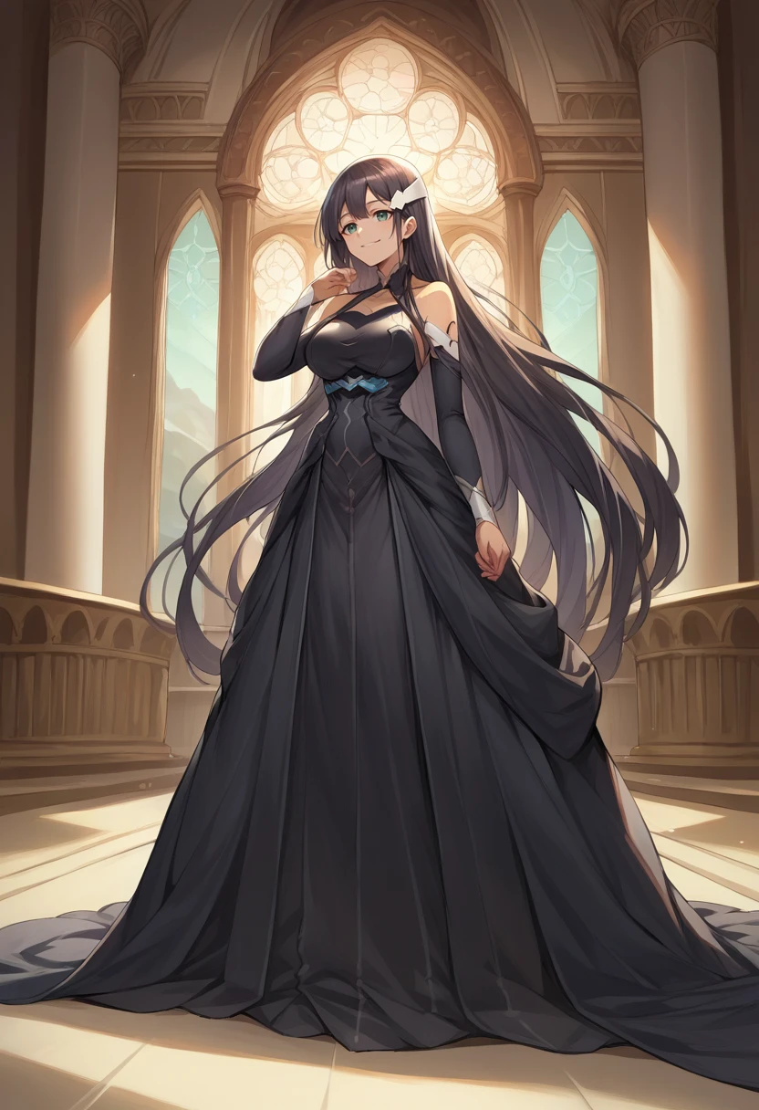 score_9, score_8_up, score_7_up, source_anime, 1girl, solo, MimoriTougouHeroSuit, long hair, headpiece, elegant, long dress, black dress, halterneck, smile, indoors, palace, jewelry, standing, <lora:ChamMimoriTougouHeroSuitPonyXL-000003:1>