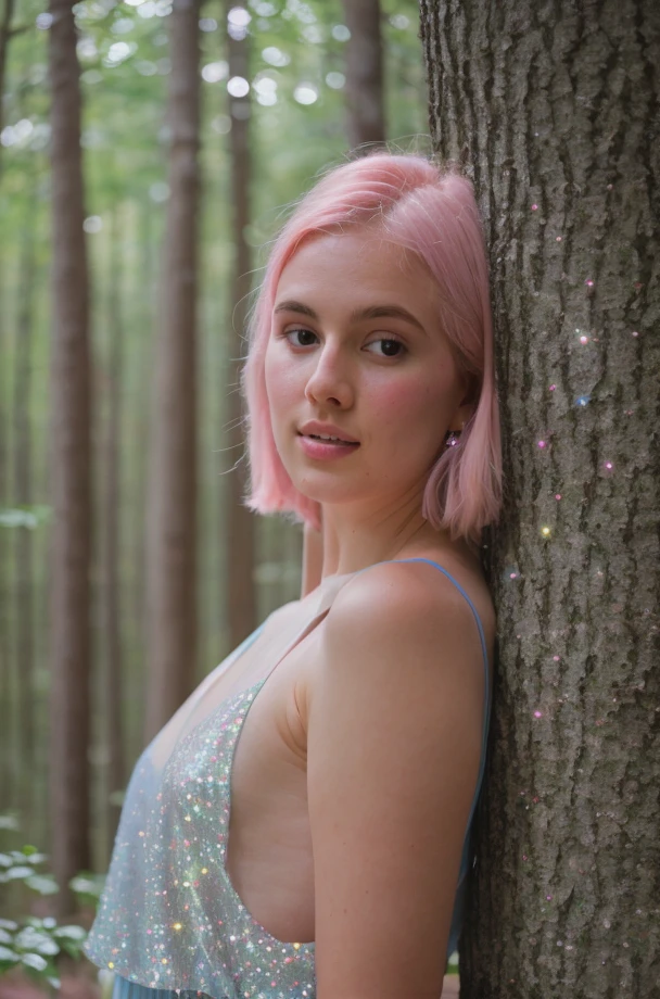 RAW photo, subject, 8k uhd, dslr, soft lighting, high quality, film grain, Fujifilm XT3, professional photo, (detailed skin:1.3), high quality, pastel colors, pastel teal, orchid, hard shadows, <lora:Sparklecore:0.8> , sparklecore, sparkle, depth of field, no humans, forest,
