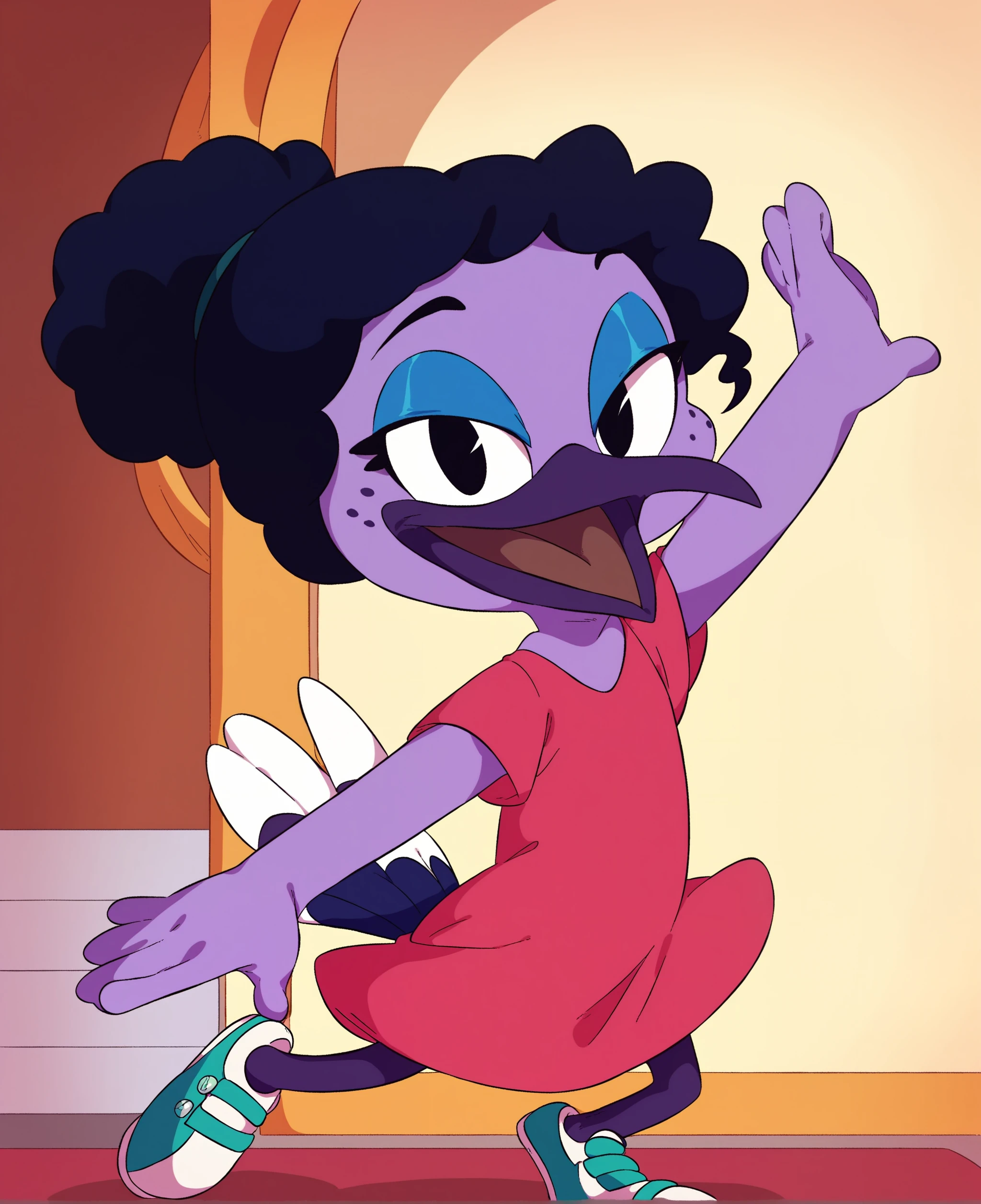 score_9, score_8_up, score_7_up, score_6_up, best quality, highres, source_furry, BREAK ppp BREAK
1girl, female, solo, furry,inside, ballroom, female, avian, hummingbird, long beak, violet sabrewing, young, , purple skin, black hair, black eyes, curled hair, short hair, ponytail, open smile, black eyes, glistening, dancing, purple legs, freckles, blue eyeshadow, dress, dance shoes, <lora:Violet_Sabrewing:0.8>