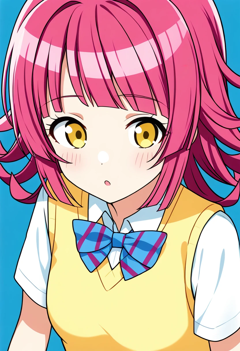 1girl, 1 tennouji rina, yellow eyes, short sleeves white shirt and blue bowtie and yellow sweater vest otonokizaka school uniform, simple blue background