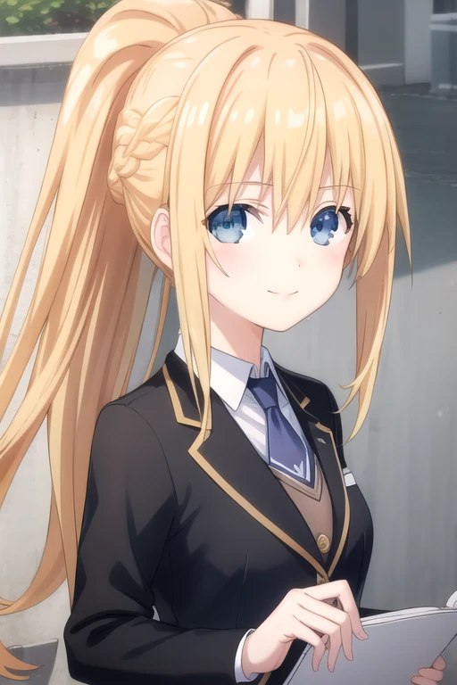 ((masterpiece)),(best quality),official art,extremely delicate and beautiful,extremely detailed CG,unity 8k wallpaper,ultra detailed,beautiful detailed eyes,extremely detailed face,outdoors,1girl,solo,upper body,(portrait:1.5),looking at viewer,facing viewer,smile,Artemesia Bell Ashcroft,long hair,blonde hair,high ponytail,braid,sidelocks,hair between eyes,bangs,blue eyes,school uniform,black jacket,white shirt,collared shirt,medium breasts,long sleeves,pencil skirt,black pantyhose,high heels,black footwear,<lora:Artemesia Bell Ashcroft(dal)>,<lora:TSNeptunia-000045:0.5>,