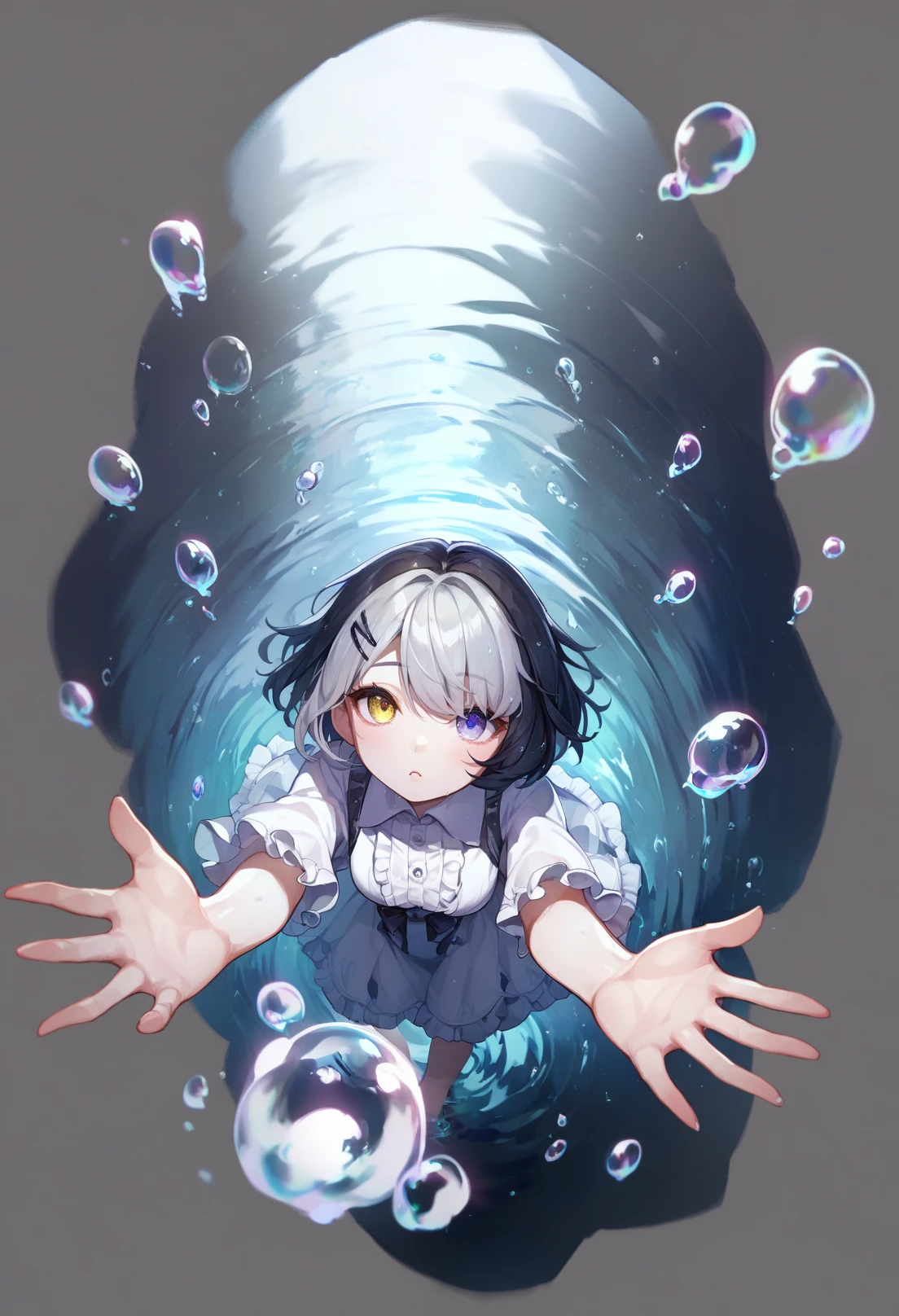 grey background, score_9, score_8_up, score_7_up, score_6_up, <lora:GachaMihoyoXL_P6_lokr_V4239:0.95> 1girl, solo, heterochromia, parted lips, looking up, looking at viewer, water, short hair, outstretched arms, purple eyes, blue eyes, shirt, water drop, frills, from above, dress, black background, green eyes, white shirt, black hair, yellow eyes, grey hair, blurry