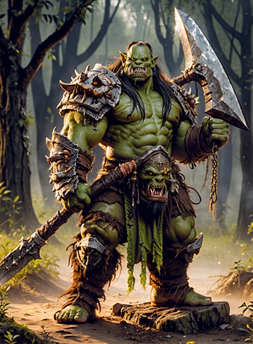 Masterpiece, Best Quality, (photorealistic:1.4),  <lora:BWarrior:0.7> ORC Warrior holding a Giant axe, Happy Face,