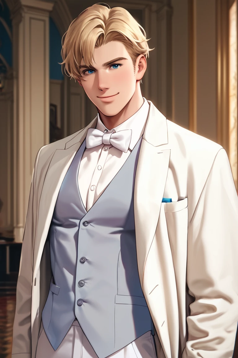 score_9,score_8_up,score_7_up, solo male, Lewis Smith, (blond hair), short hair, blue eyes, (white suit, 3-piece tailcoat, white pants, white bowtie, open coat), [grey vest], (upperbody), cowby shot, dutch angel, mature, handsome, charming, alluring, masculine, smile, look at viewer, perfect anatomy, perfect proportions, best quality, masterpiece, high_resolution, photo background, cinematic still, gorgeous<lora:EMS-368093-EMS:0.800000>