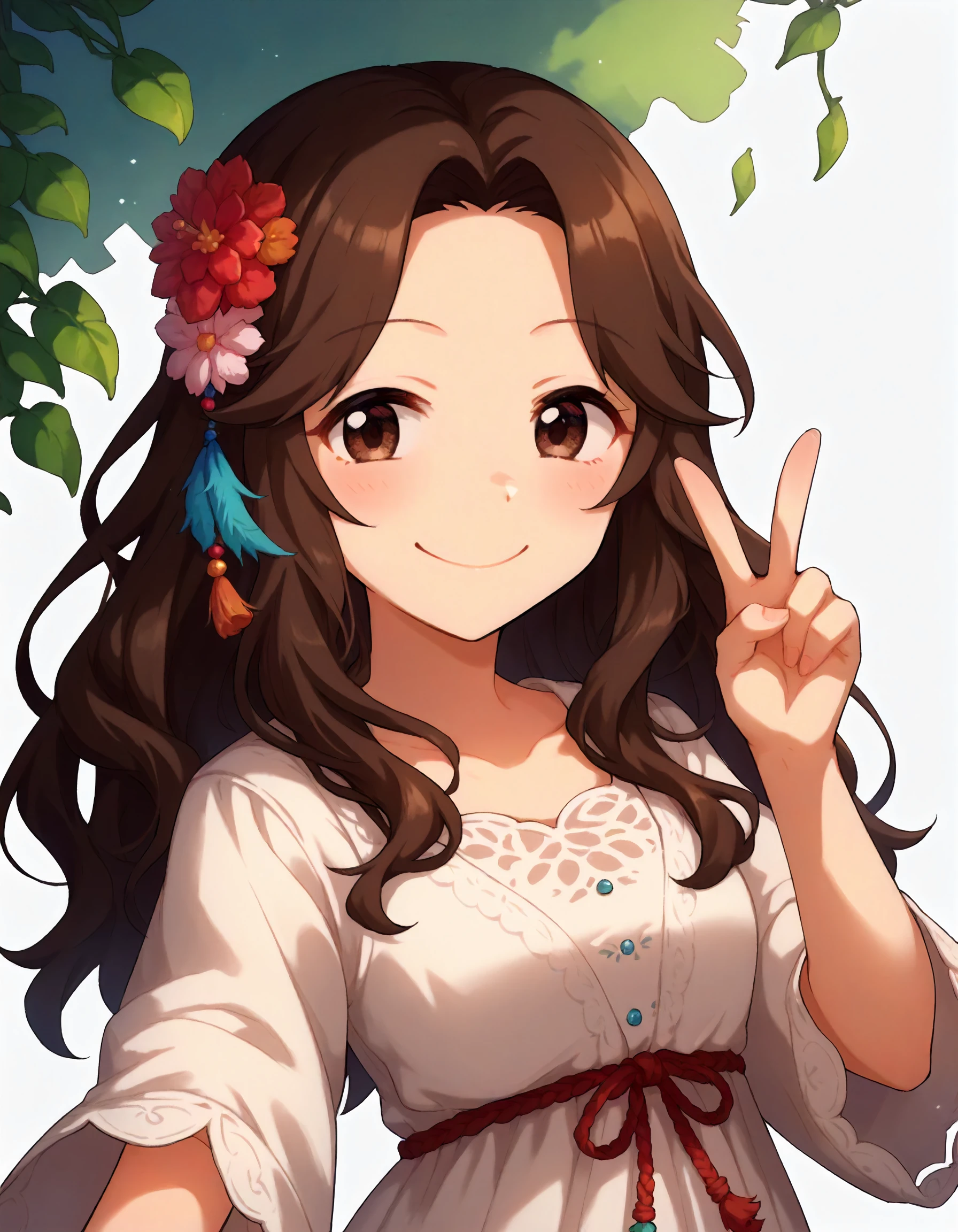 score_9, score_8_up,score_7_up,1girl,solo,looking at viewer,upper body,
<lora:ariurakanna_ponyXLV6:0.7>,cgak,akha,brown eyes,brown hair,long hair,hair ornament,hair flower,
smile,
v,white dress