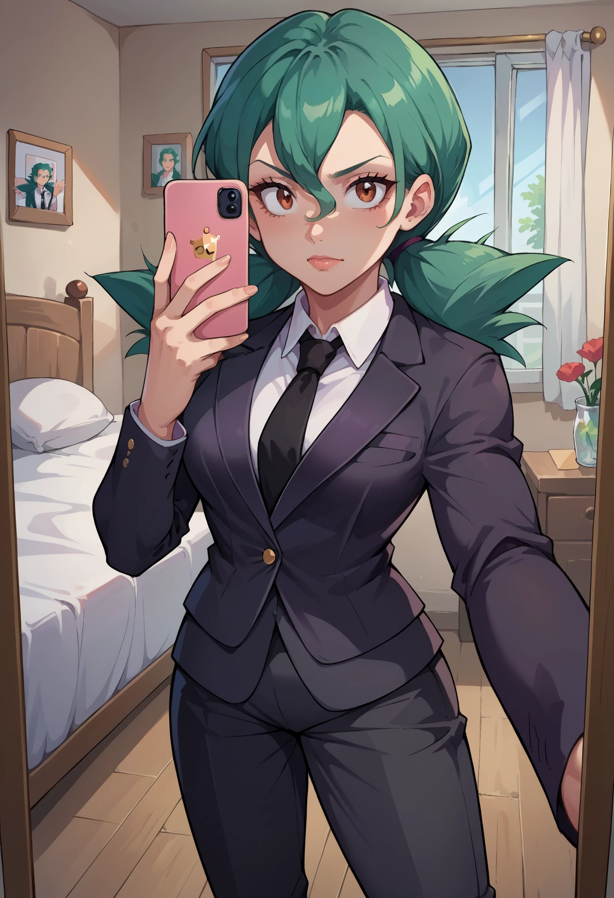 score_9, score_8_up, score_7_up, source_anime, 1girl, solo, <lora:EPpkJennyPony_epoch_13:1>, EPpkJenny, twintails, green hair, long hair, hair between eyes, brown eyes, mature female, business suit, black pants, white collared shirt, black suit, black jacket, black necktie, selfie, taking picture, mirror selfie, bedroom, bed, mirror,