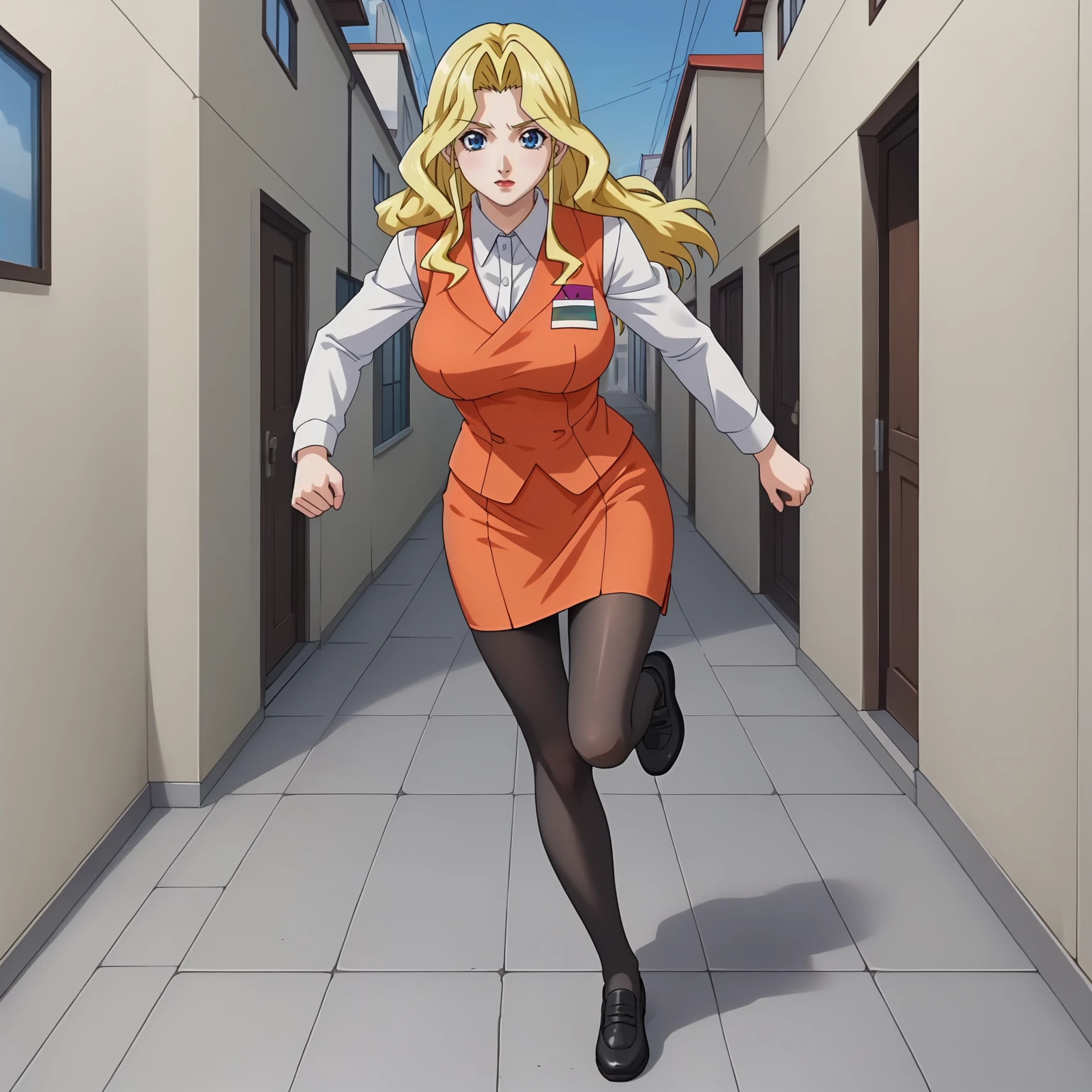 <lora:AliceNonoyamaXLpony001>,
solo,
AliceNonoyama,1girl,blonde hair,long hair,blue eyes,large breasts,
white shirt,long_sleeves,orange vest,
orange pencil_skirt,
black pantyhose,
BREAK
full body,running,