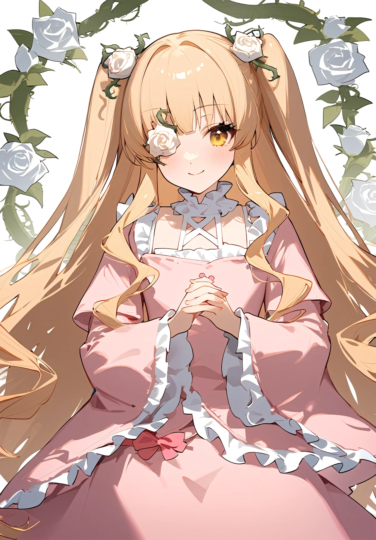 1girl,
kirakishou,
dress, rose, yellow eyes, blonde hair, eyepatch, very long hair, smile, long hair, pink dress, frilled dress, sidelocks, looking at viewer, wide sleeves, solo, flower, hair flower, vines, white flower, long sleeves, 1011ta fashion, frills, plant, white rose, closed mouth, own hands together, white background, hair ornament, simple background, cowboy shot, blush, two side up, interlocked fingers,
masterpiece, newest, absurdres, safe
<lora:a31_style_koni:1> <lora:2080ti_ag31_kirakishou-000055:1>