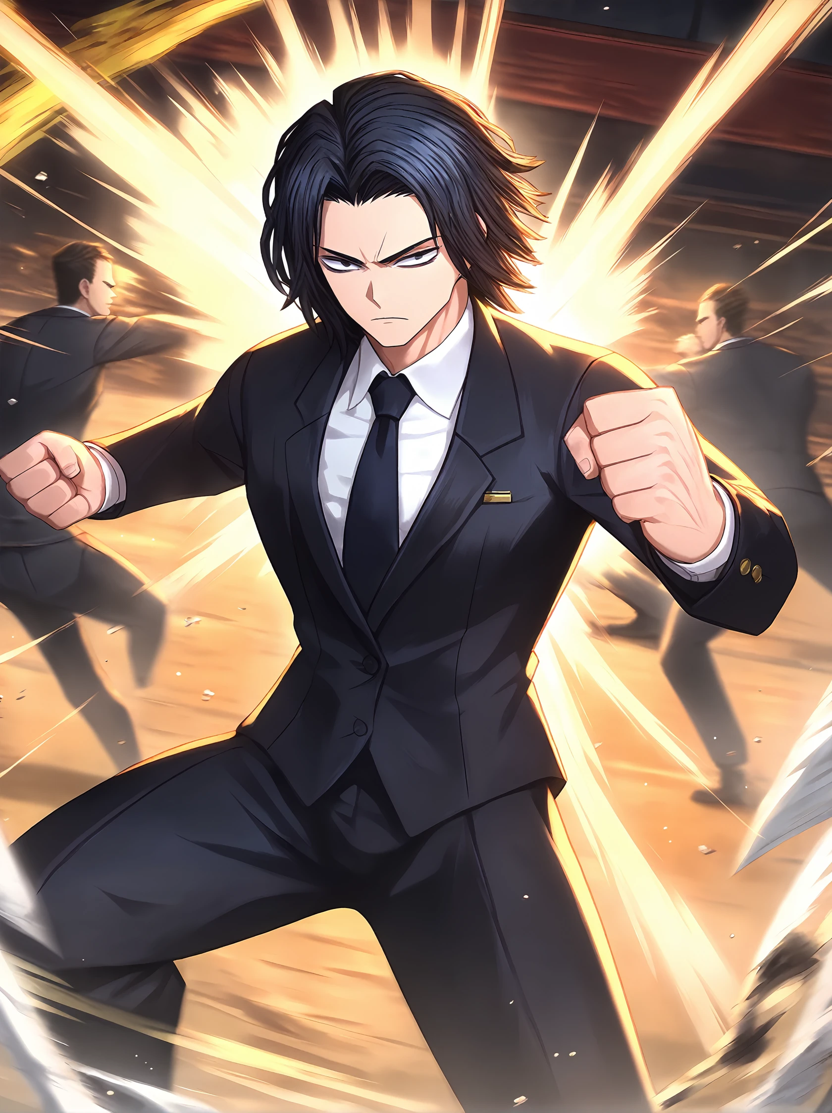 score_9,
<lora:limbus_company_v1_pruned:1>, 
1boy, black suit, black hair, medium hair, white shirt, black necktie, fighting stance, fist fight, 
looking at viewer, black eyes,
high resolution, Masterpiece, detailed