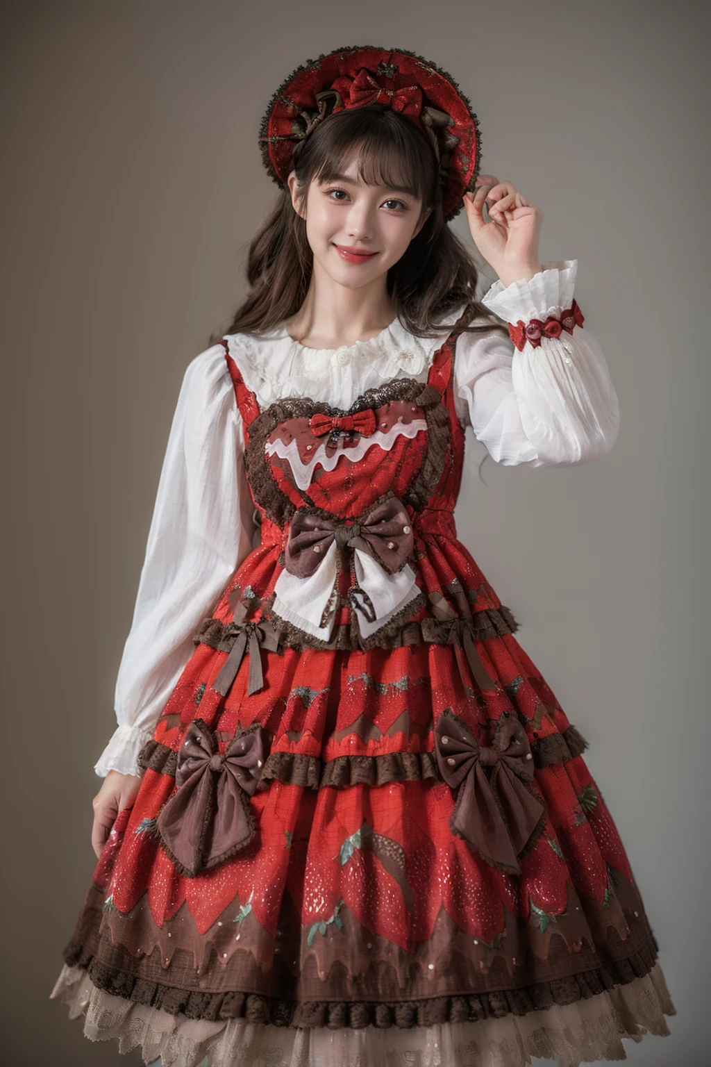 best quality,masterpiece,realistic,photorealistic,1girl,solo,looking at viewer,smile,long hair,black hair,straight hair,standing,cowboy shot,cyb dress,layered dress,print dress,frilled dress,strawberry print,dress bow,bow,white shirt,long sleeves,hair bow,hat,grey simple background,<lora:lo_dress_vol3_style3_v1:0.75>,