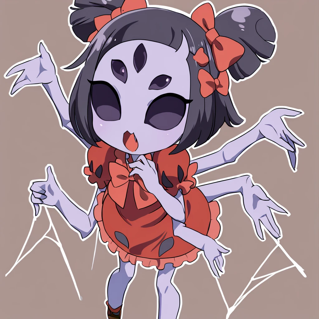 <lora:Muffet:1>, 1girl, solo, arthropod girl, simple background, hair bow, looking at viewer, monster girl, open mouth, red dress, puffy short sleeves, purple skin, red bowtie, short hair