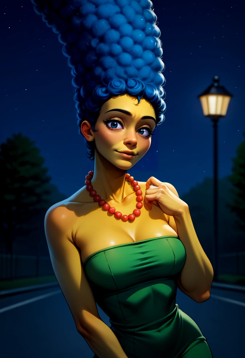 score_9, score_8_up, score_7_up, BREAK <lora:marsim-guy-PONYv1:1>, marsim, 1girl, solo, breasts, yellow skin, afro, green dress, strapless dress, pearl necklace, portrait, night sky, night, outdoors, looking at viewer, depth of field,