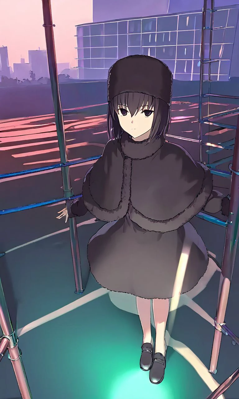 <lora:SDXL_AWD_character_kuonji_alice:1>,kuonji_alice,1girl,solo,black_capelet,black_dress,ushanka,looking_at_viewer,playground,jitome,, perspective,lighting and shadow,beautiful color,detailed,amazing quality,cityscape