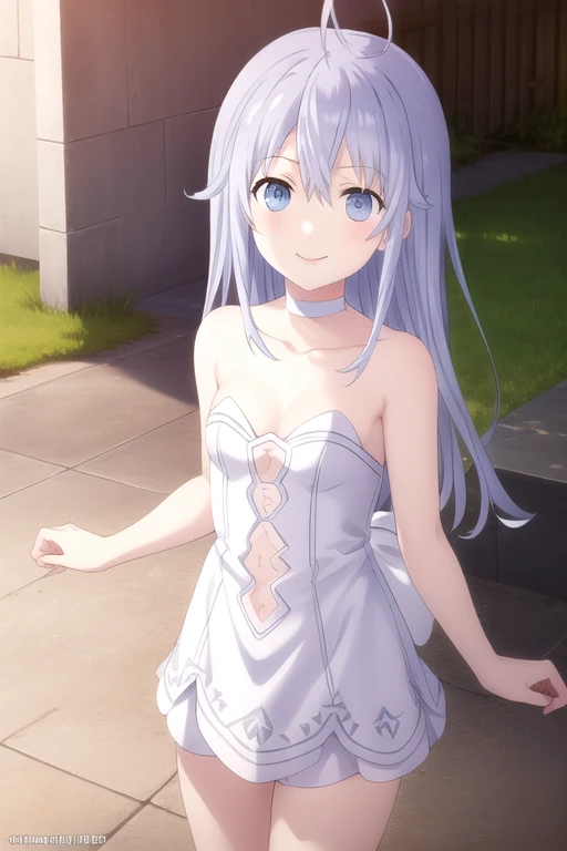 ((masterpiece)),(best quality),official art,extremely delicate and beautiful,extremely detailed CG,unity 8k wallpaper,ultra detailed,beautiful detailed eyes,extremely detailed face,outdoors,1girl,solo,cowboy shot,looking at viewer,facing viewer,smile,Hibiki Higoromo,ahoge,very long hair,grey hair,sidelocks,hair between eyes,bangs,blue eyes,bare shoulders,collarbone,white choker,white dress,strapless dress,white ribbon,clothing cutout,cleavage,small breasts,white footwear,<lora:Hibiki Higoromo(dal)>,<lora:TSNeptunia-000045:0.5>,