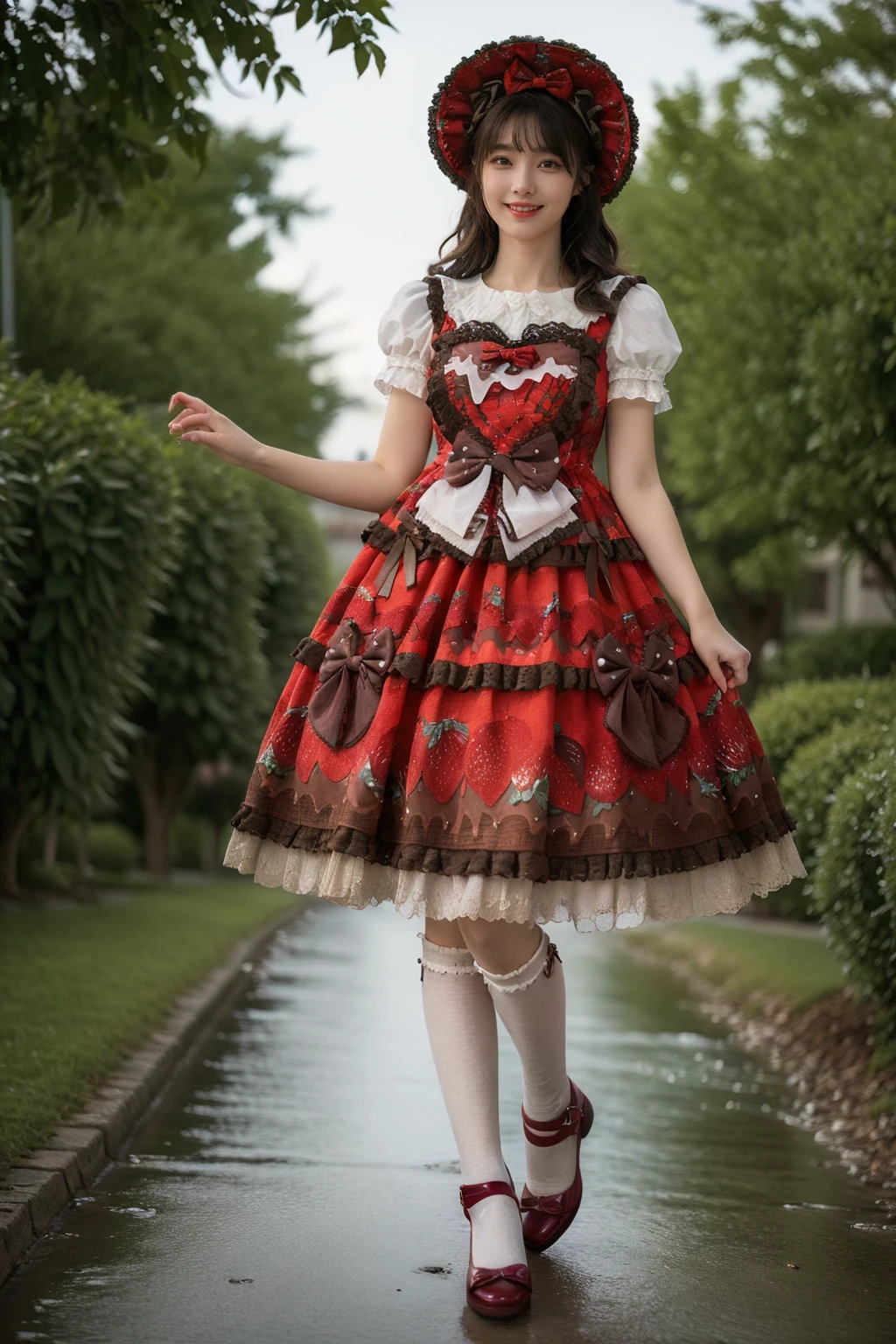 best quality,masterpiece,realistic,photorealistic,1girl,solo,looking at viewer,smile,long hair,black hair,straight hair,standing,full body,cyb dress,layered dress,print dress,frilled dress,strawberry print,dress bow,bow,white shirt,short sleeves,kneehighs,red high heels,hair bow,hat,garden,flower,tree,water,detailed background,<lora:lo_dress_vol3_style3_v1:0.75>,<lora:Background_Detail_v3:1.5>,