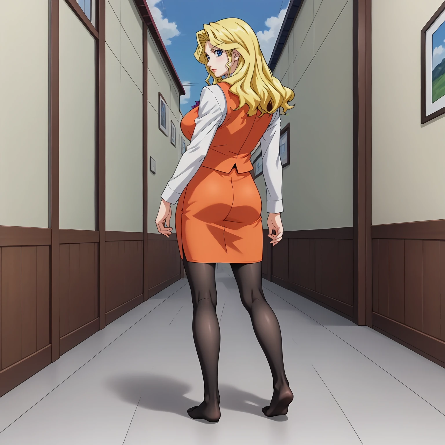 <lora:AliceNonoyamaXLpony001>,
solo,
AliceNonoyama,1girl,blonde hair,long hair,blue eyes,large breasts,
white shirt,long_sleeves,orange vest,
orange pencil_skirt,
black pantyhose,
full body,standing,looking back,