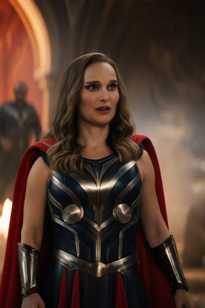 cinematic film still natalie portman as mighty thor in her unique armor with red cloak against detailed backdrop with lighting and thunderstruck <lora:nataliePortman:1> . shallow depth of field, vignette, highly detailed, high budget Hollywood movie by ang lee, bokeh, cinemascope, moody, epic, gorgeous, film grain, grainy