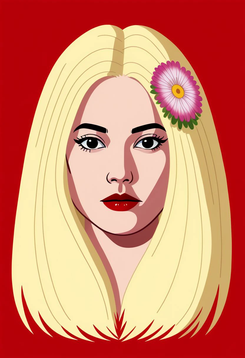 mpzthzz, solo, 1girl, black eyes, flower, looking at viewer, shadow, long hair, red background, portrait, memphis corporate design, flat art, flat coloring, simple, vector art, corporate art, cel shading, cel shaded,  PonyXLV6_Scores