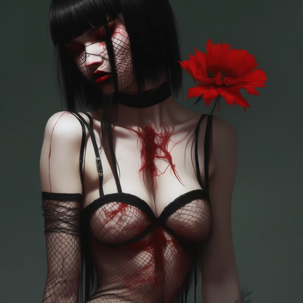 This image depicts a digital painting with an interesting theme. It features a female figure. The figure has long flowing hair and is adorned with red roses. The flowers stand out against the monochromatic background. The style of the painting combines realism with abstract elements, seen in the scribbles and drips of paint that give a dynamic and textured impression.
The contrast between the organic forms of the human body and the flowers with the digital pixelation that hides the identity creates an interesting blend of nature and technology.