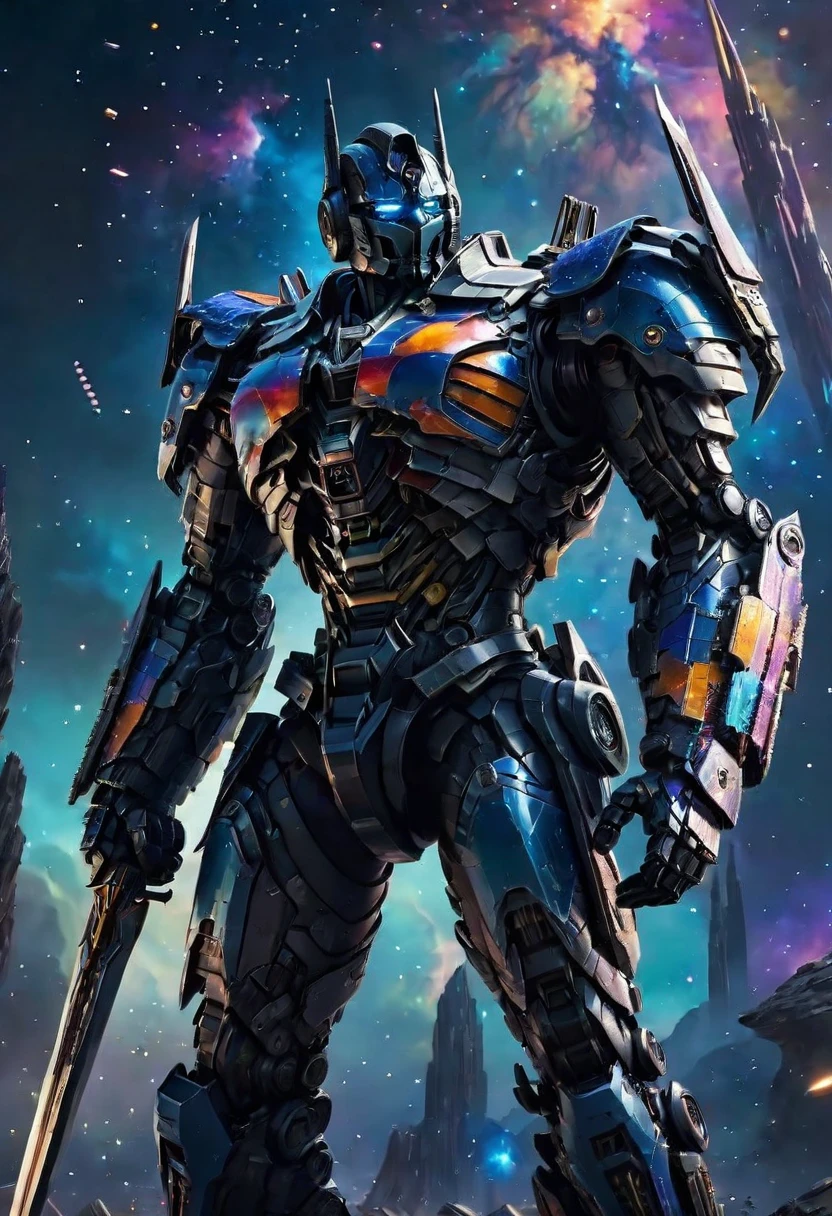 , Ultra detailed microscopic level image of a black colourful cosmic structure , intricate, entropy, gravitational pull, space dust, (( dist)), visually delightful, ((deep bokeh)), dreamy, cosmic abstract background,weapon, solo, sword, mecha, robot, no humans, holding, 1boy, holding weapon, standing, blue eyes, holding sword, armor, science fiction<lora:Optimus Prime_SDXL-000008:0.6>