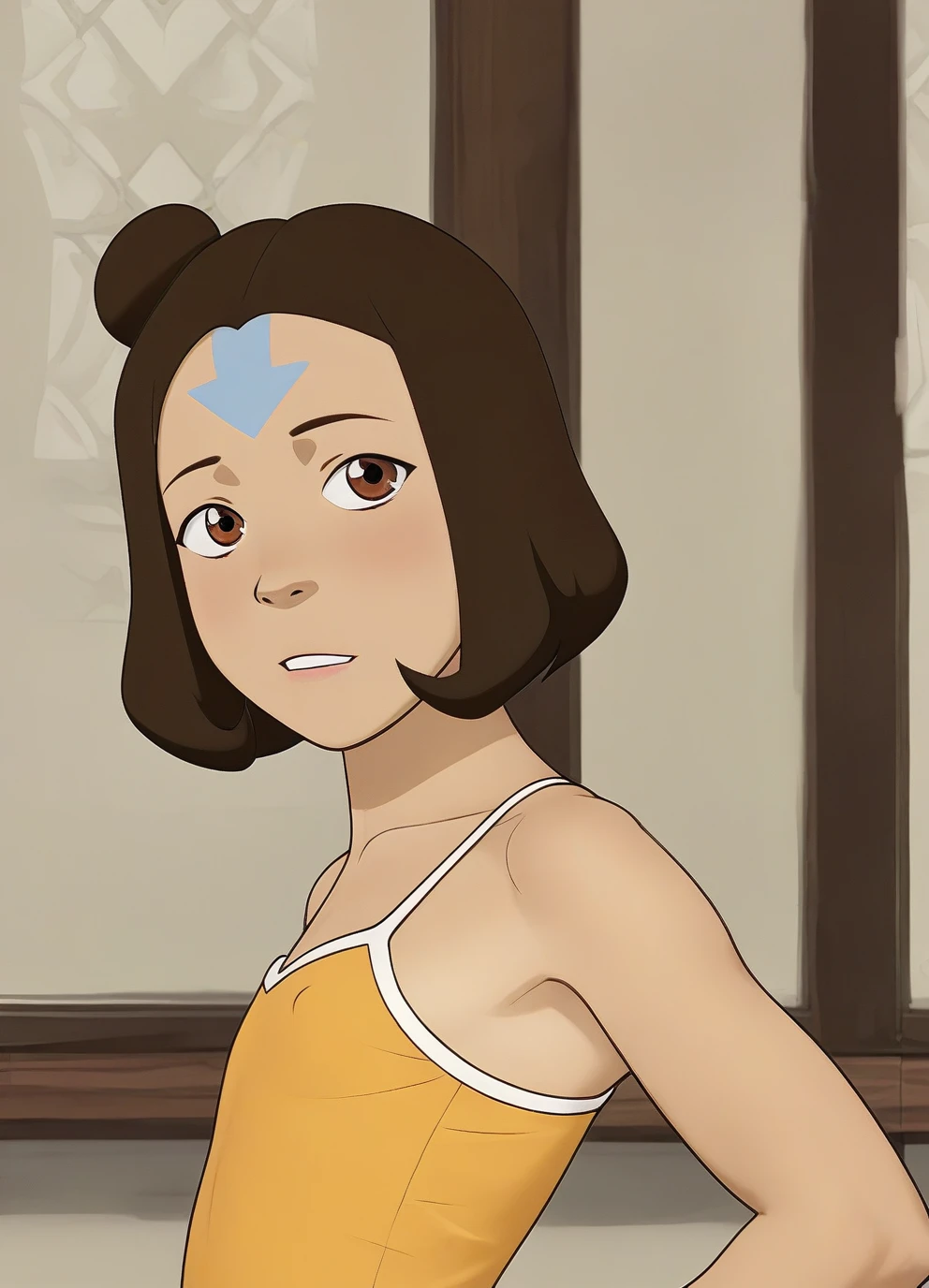 score_9, score_8_up, score_7_up,1girl,jinoraXL,brown hair,brown eyes,short hair,hair bun,detailed face,masterpiece,best quality, flat chest, <lora:jinoraXL:1> wearing an orange and yellow dress