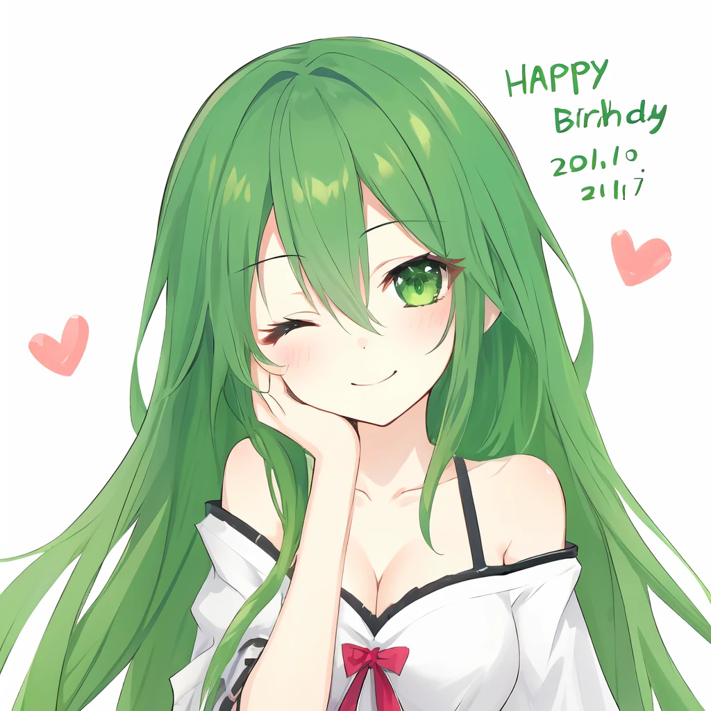 1girl, 
natsumi \(date a live\),  
solo, smile, star \(symbol\), closed mouth, simple background, shirt, off-shoulder shirt, green eyes, looking at viewer, off shoulder, white shirt, long hair, hair between eyes, medium breasts, green hair, breasts, white background, cleavage, hand on own face, very long hair, blush, upper body, one eye closed, hand on own cheek, heart, dated, collarbone, signature, bare shoulders, happy birthday, head tilt, ;\), character name
 <lora:mki-natsumi-1.5-v3:1>