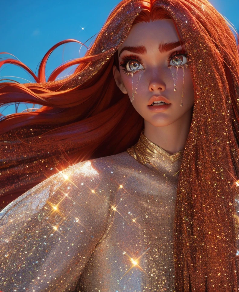 <lora:Sparklecore:0.75> , sparklecore, sparkle, depth of field, 1girl, long dress, asymmetrical hair, red hair, sparklecore makeup, sparklecore eyes, sparklecore tears, crying,