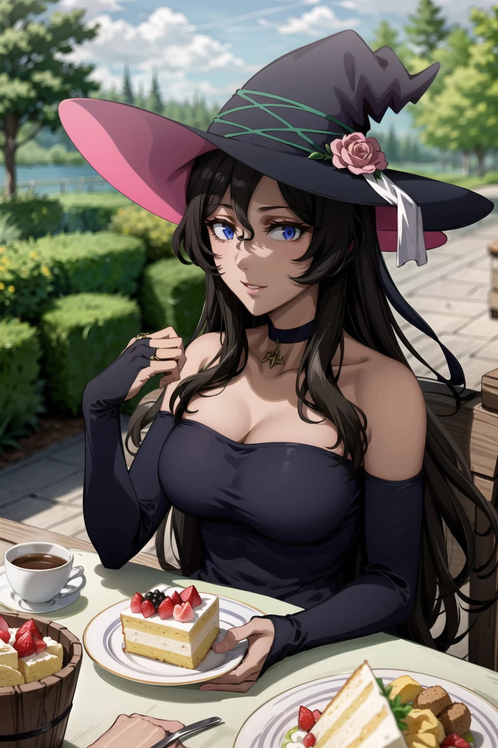 1girl, (masterpiece), (high resolution), (8K), (extremely detailed), (4k), (pixiv), perfect face, nice eyes and face, (best quality), (super detailed), detailed face and eyes, (solo), textured skin, absurdres, highres, <lora:more_details:0.3>, <lora:sd_v15_dpo_lora_v1:1>, <lora:whitcher_viola:0.8> violawz, dark-skinned female, choker, witch hat, long hair, blue eyes, large breasts, hat flower, brown hair, long dress, black dress, bare shoulders, cleavage, bridal gauntlets, restaurant, outdoors, sitting, eating, teacup, cake, happy, nature, looking at viewer,