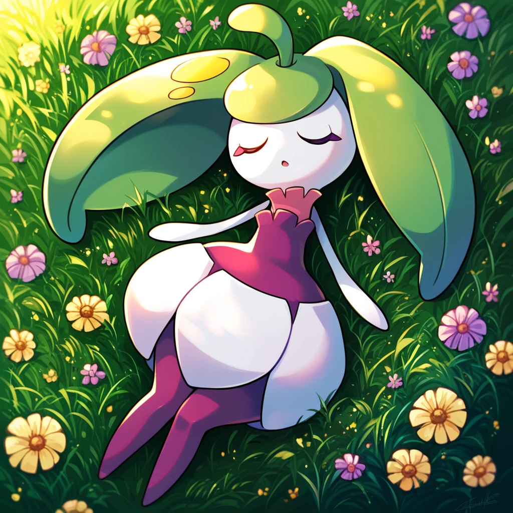 score_9_up, score_8_up, score_7_up, score_6_up, best quality, source_anime, green background, detailed background, palm trees, grass, flowers, BREAK 1girl, solo, steenee, pokemon, flora fauna, green hair, long hair, purple eyes, white head, purple dress, purple legs, white skirt, white arms, wide hips, eyes closed, parted lips, lying, arms out, from above, sleeping, <lora:PDXL_Steenee_PKMN:1>