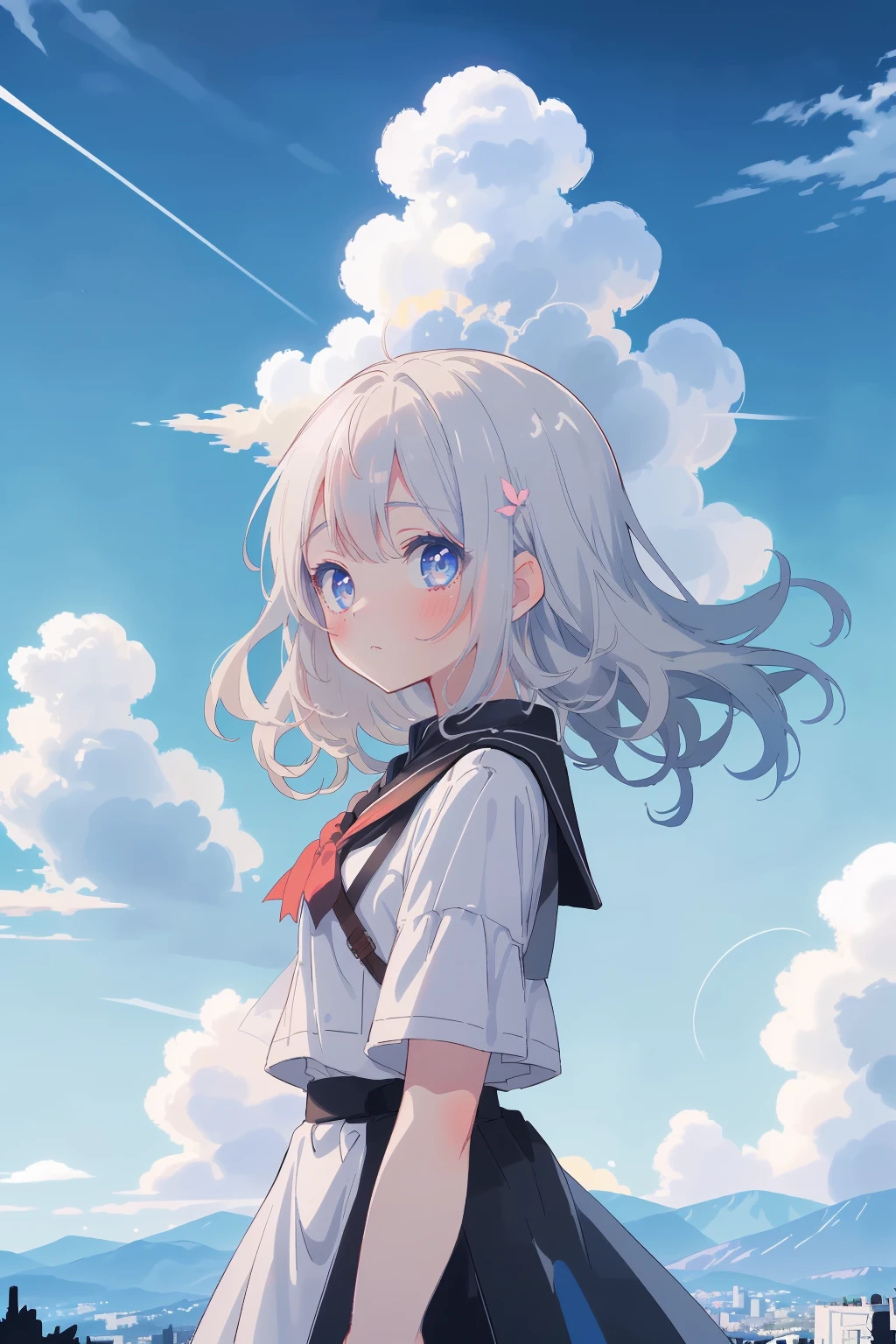 absurdres, highres, (official art, beautiful and aesthetic:1.2), close view, shining sky, vast world, girl, gazing, awe-inspiring expression, distant horizon, clouds, high hill, natural beauty, inspiration, light effects