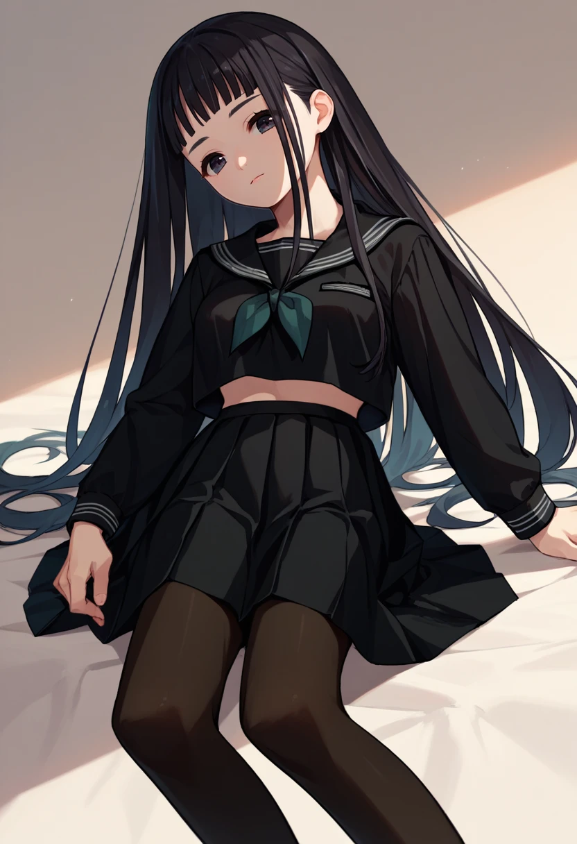 score_9, score_8_up, score_7_up, 1girl, Rinne, necktie, black serafuku, black skirt, black pantyhose, white stripes, long sleeves, black eyes, black hair, looking at viewer, <lora:Rinne FIN 2-000028:1>
