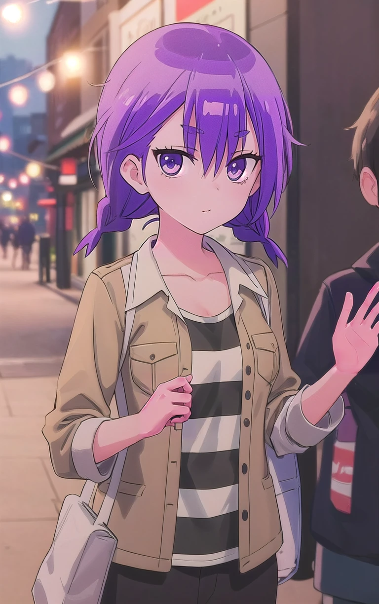 Jacket_WeNeverLearn_AsumiKominami_ownwaifu,
1girl, purple hair, purple eyes, short hair, twin braids, hair between eyes, twintails, breasts, small breasts, short twintails, collarbone, 
striped shirt, jacket, brown jacket, open jacket, pants, 
<lora:ANIME_WeNeverLearn_AsumiKominami_ownwaifu:0.7> ,
((masterpiece)),((best quality)),(highres), bokeh, depth_of_field, scenery, spotlight, focused, looking at viewer, solo,