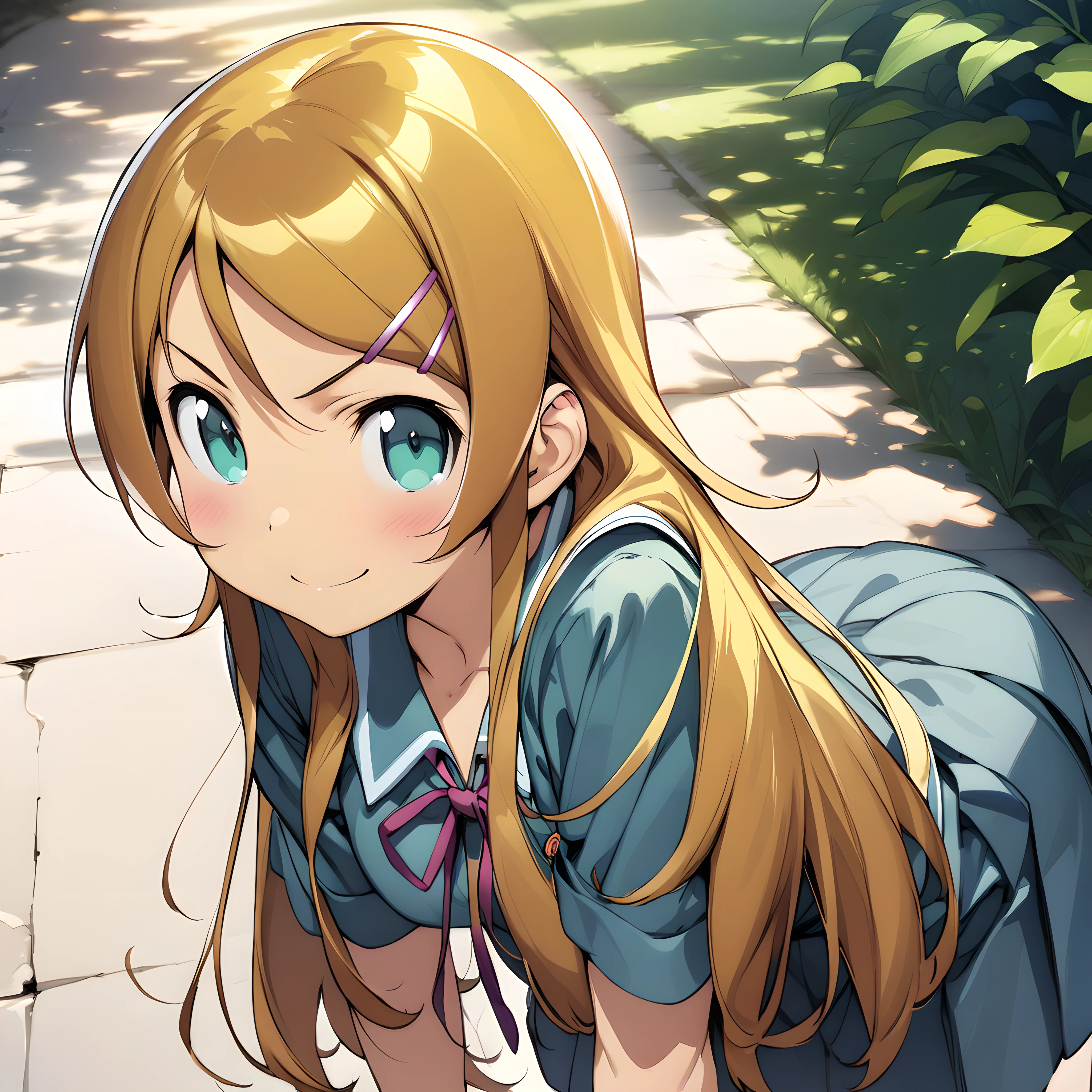 (masterpiece),(best quality),(ultra-detailed),(best illustration),(best shadow),(absurdres),(detailed background),(very aesthetic), kirino kousaka, blonde hair, long hair, hair clip, green eyes, bangs, schoolgirl uniform, looking at viewer, upper body, smile, leaning forward <lora:XL-KirinoKousakav1:1>