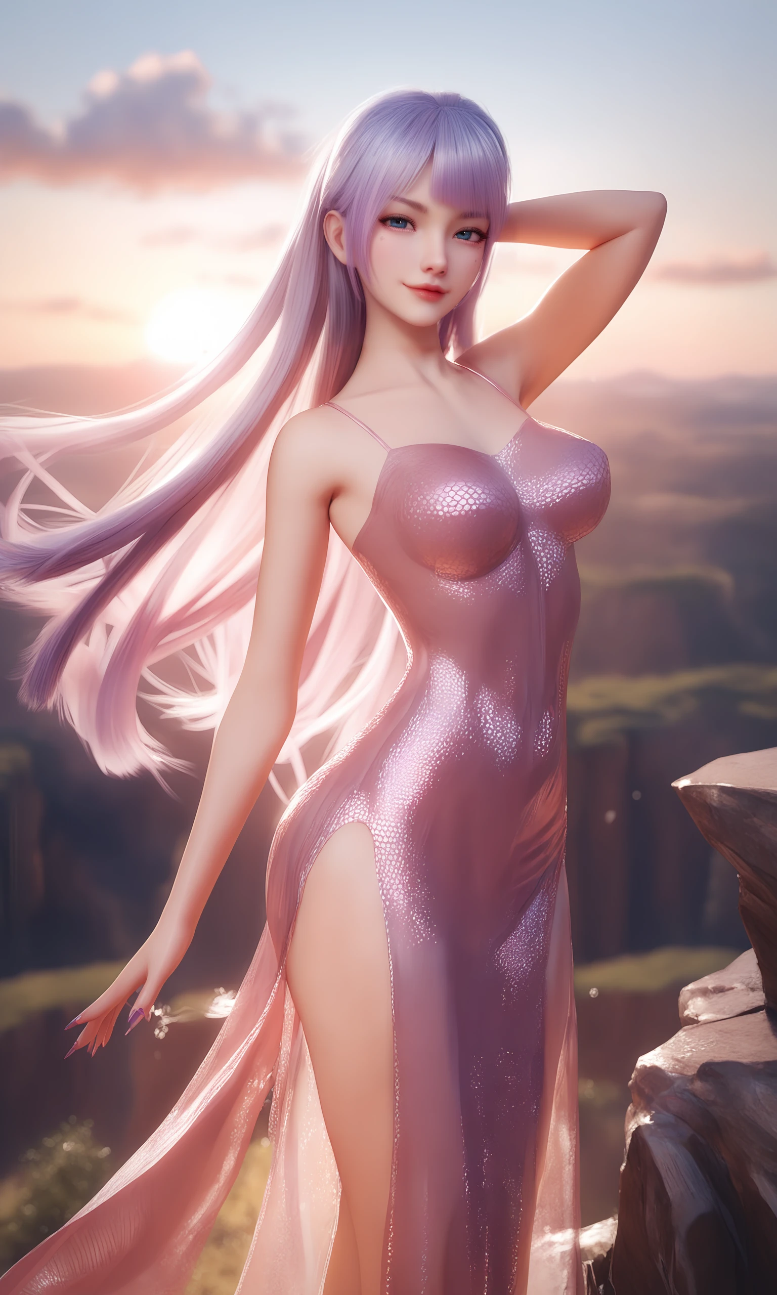 core_9,score_8_up,score_7_up,score_6_up,score_5_up,score_4_up,
1girl wearing a magenta (crystalline dress),
absurdly long hair,floating hair,sunrise,rocky cliff,glint,backlighting,see-through,cowboy shot,looking at viewer,smug,pose,