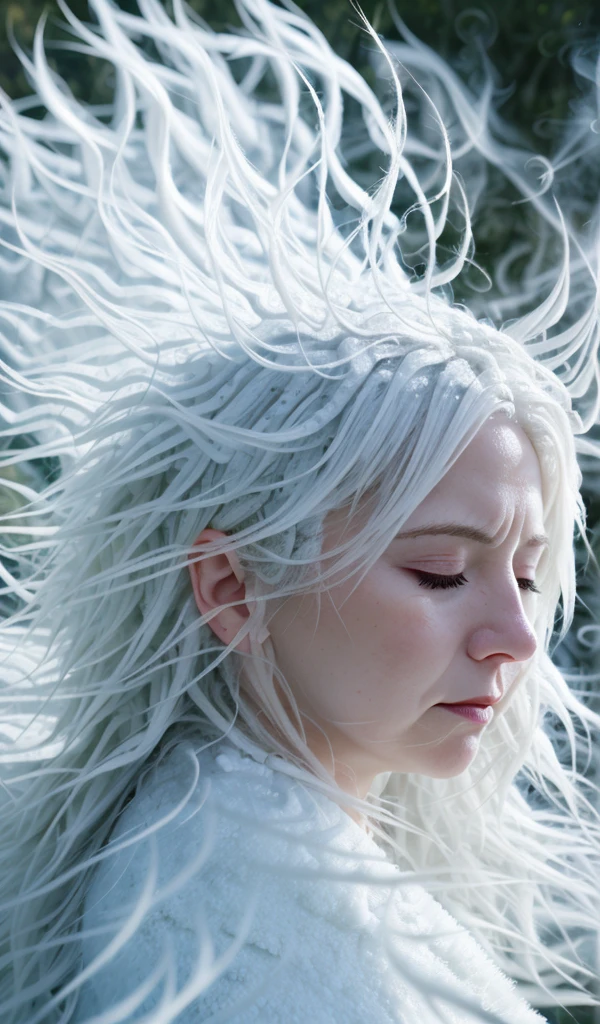 fluffx style, photography of bio inspired cute portrait of an adult woman made from white hair strands, eyes closed, white fluffx smoke   in background, storm wind, DOF, bokeh