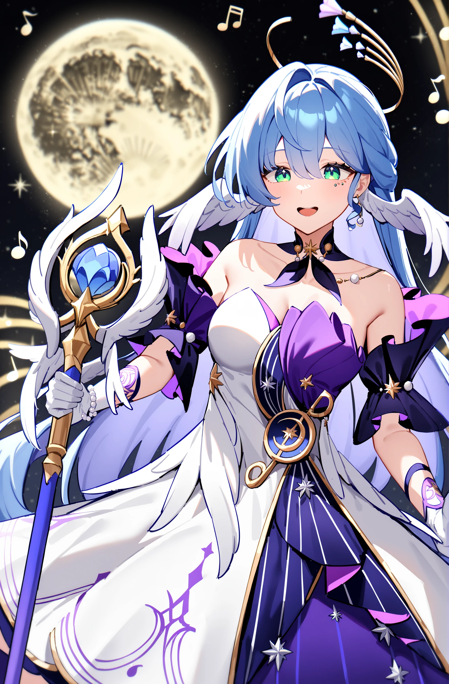 robin,1girl,solo,musical note,gloves,treble clef,white gloves,halo,open mouth,smile,white wings,detached sleeves,green eyes,strapless dress,strapless,bare shoulders,jewelry,moon,very long hair,eighth note,staff,beamed eighth notes,bracelet,staff \(music\),feathered wings,head wings,masterpiece,best quality,very aesthetic,absurdres,<lora:Robin_By-XieMo-000013:1>,