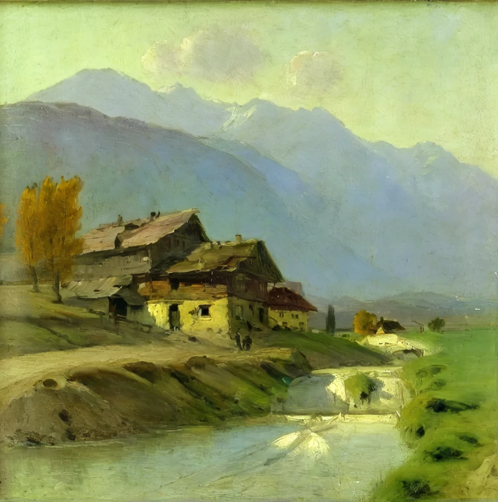 agierymski landscape of a house by a stream, mountains in the background<lora:agierymski:1>