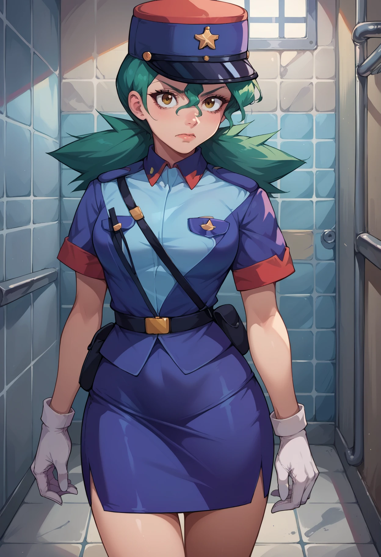 score_9, score_8_up, score_7_up, source_anime, 1girl, solo, <lora:EPpkJennyPony:1>, EPpkJenny, twintails, green hair, long hair, hair between eyes, brown eyes, police uniform, policewoman, police hat, short sleeves, miniskirt, pencil skirt, gloves, white gloves, indoors, prison cell, tile wall, tile floor, prison,