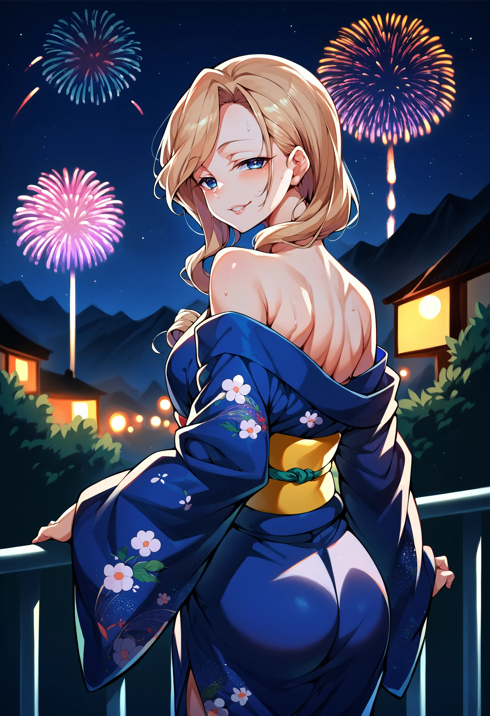 score_9,score_8_up,score_7_up score_6_up, source_anime, 1girl, solo, cowboy shot, <lora:hoodAL-ponyxl-bshi-v1:1> hodyuk, medium breasts, long hair, hair ornament, blue yukata,hair over shoulder, long hair, swept bangs, looking at viewer, looking back, off shoulder, bare shoulders, nape, ass, from behind, long sleeves, wide sleeves, floral print, yellow sash, night, dark environment, fireworks, mount fuji, railing, light smile, parted lips, happy, half-closed eyes, blurry background, bokeh, chromatic aberration, mountainous horizon, backlighting, sweat, twisted torso, butt pose,