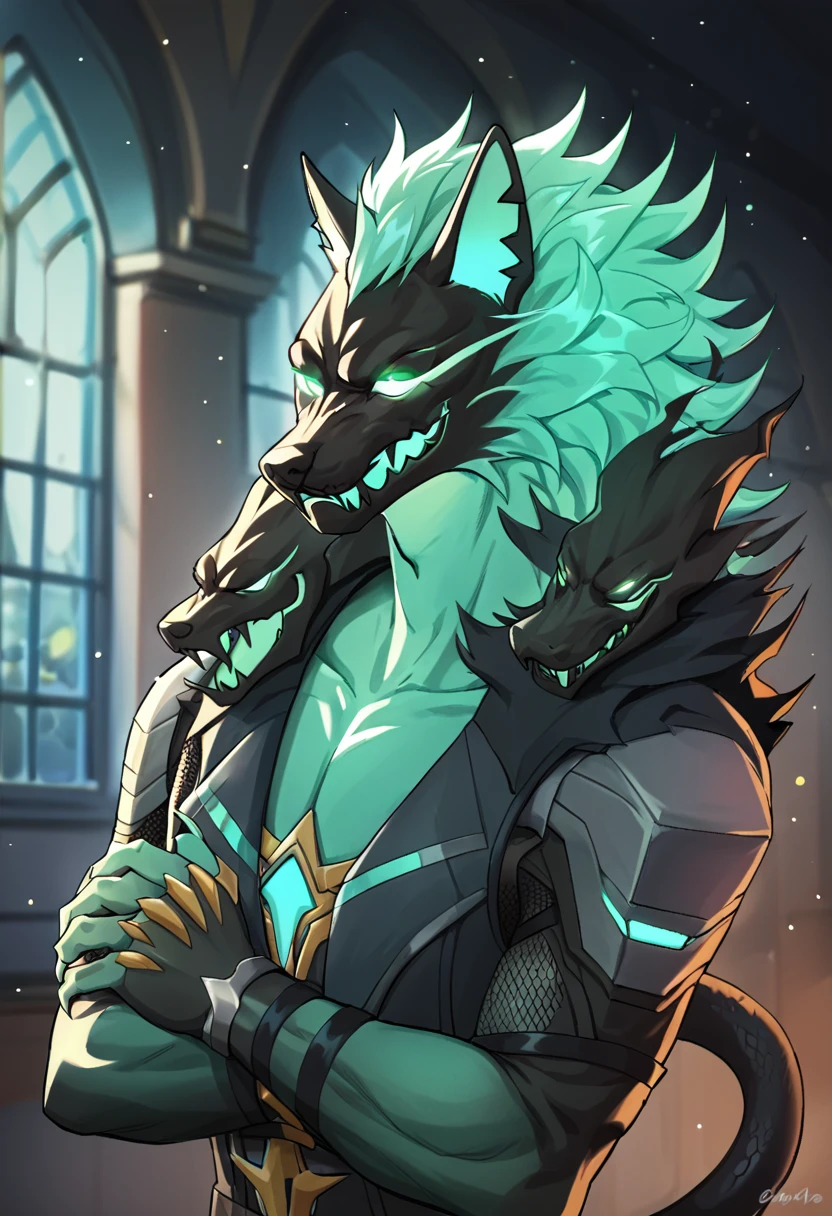 portrait of cerberus (fortnite), rating_safe, <lora:Cerberus_Fortnite_Pony:0.9>, 
Green body, Green Eyes,Glowing Eyes,Claws,tail,snake tail,
 dark interior, particles, castle scene,  cel shading, linear hatching,, score_9, score_8_up, score_7_up, score_6_up, score_5_up, score_4_up
