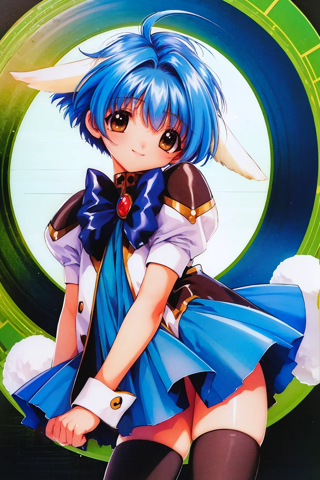 (masterpiece, best quality:1.2), ga_mint, 1girl, solo, (rabbit ears:1.2), uniform, blue skirt, puffy short sleeves, thighhighs, blue hair, short hair, brown eyes, smile open mouth, looking at viewer, <lora:ga_mint:1>