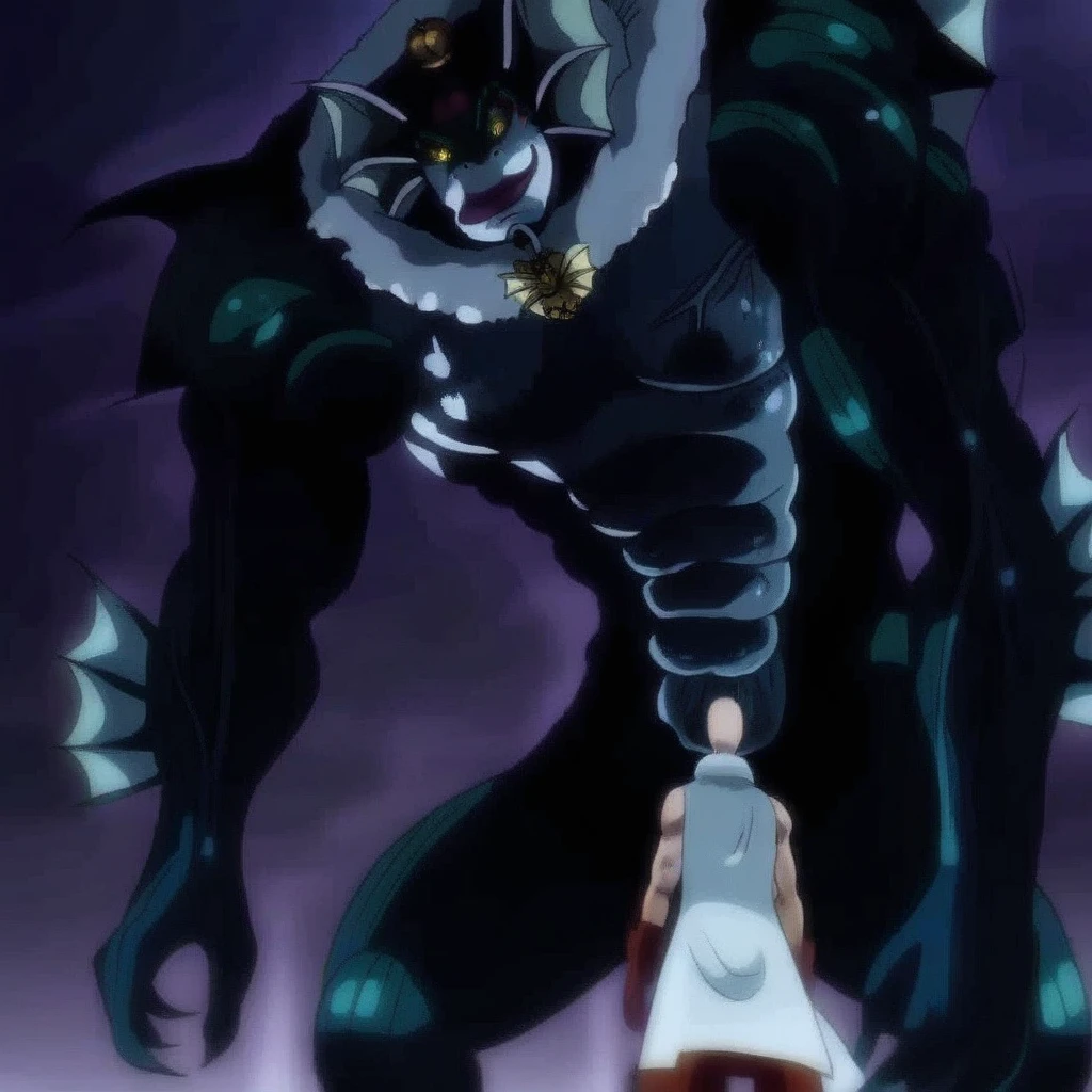 Deep Sea King, One Punch Man, solo, 1boy, muscular male, fish man, large creature,  yellow eyes, closed mouth, looking down, smiling, standing, large pectorals
