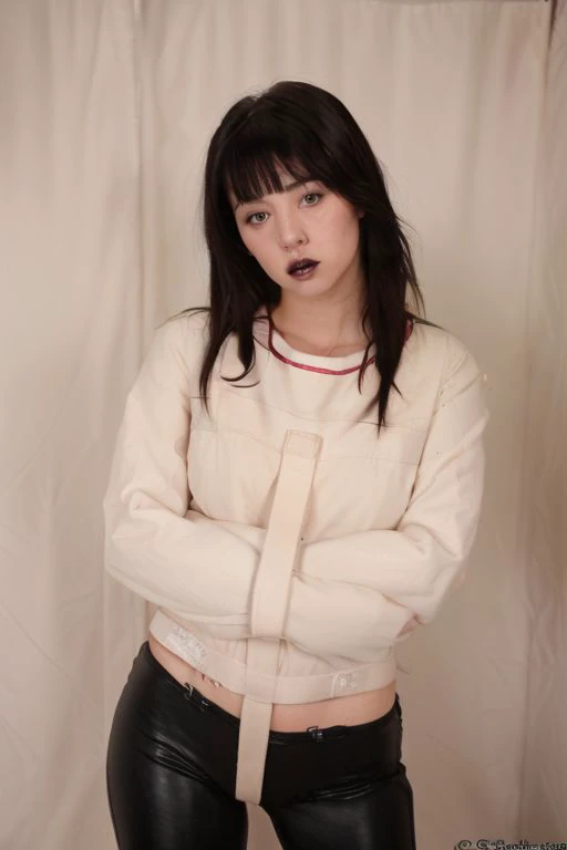 (hires, retouched:1.6) , pale skin, bokeh,  standing, ((sexy goth asian woman:1.2)), goth make up, (short black bangs), looking at viewer, pout, posey straitjacket with two crotch straps, leather pant,  padded cell,