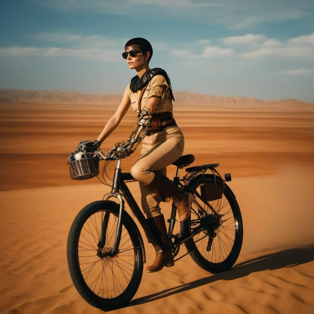 a woman with short hair , ((mechanical arm)), round sunglasses, rides a bicycle in the desert <lora:Furiosa1024:0.9>